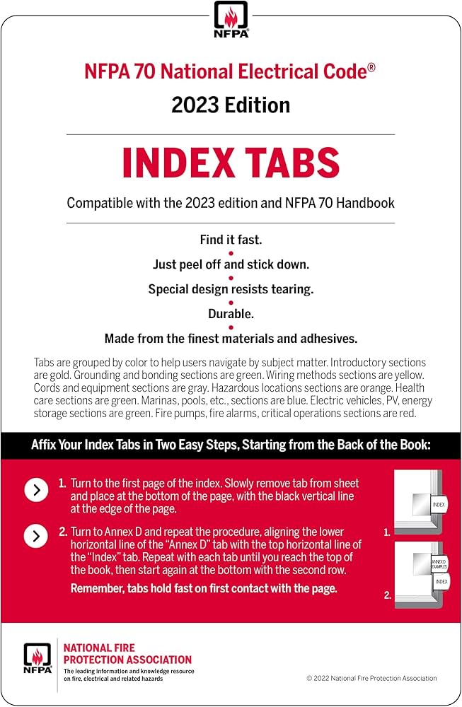 NFPA 70 National Electrical Code 2023 Edition Index Tabs packaging with text and NFPA logo.
