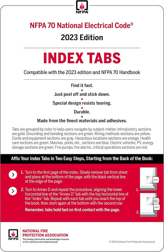 NFPA 70 National Electrical Code 2023 Edition Index Tabs packaging with text and NFPA logo.